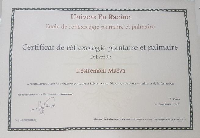 Certificat Reflexologie de Maeva Desetremont